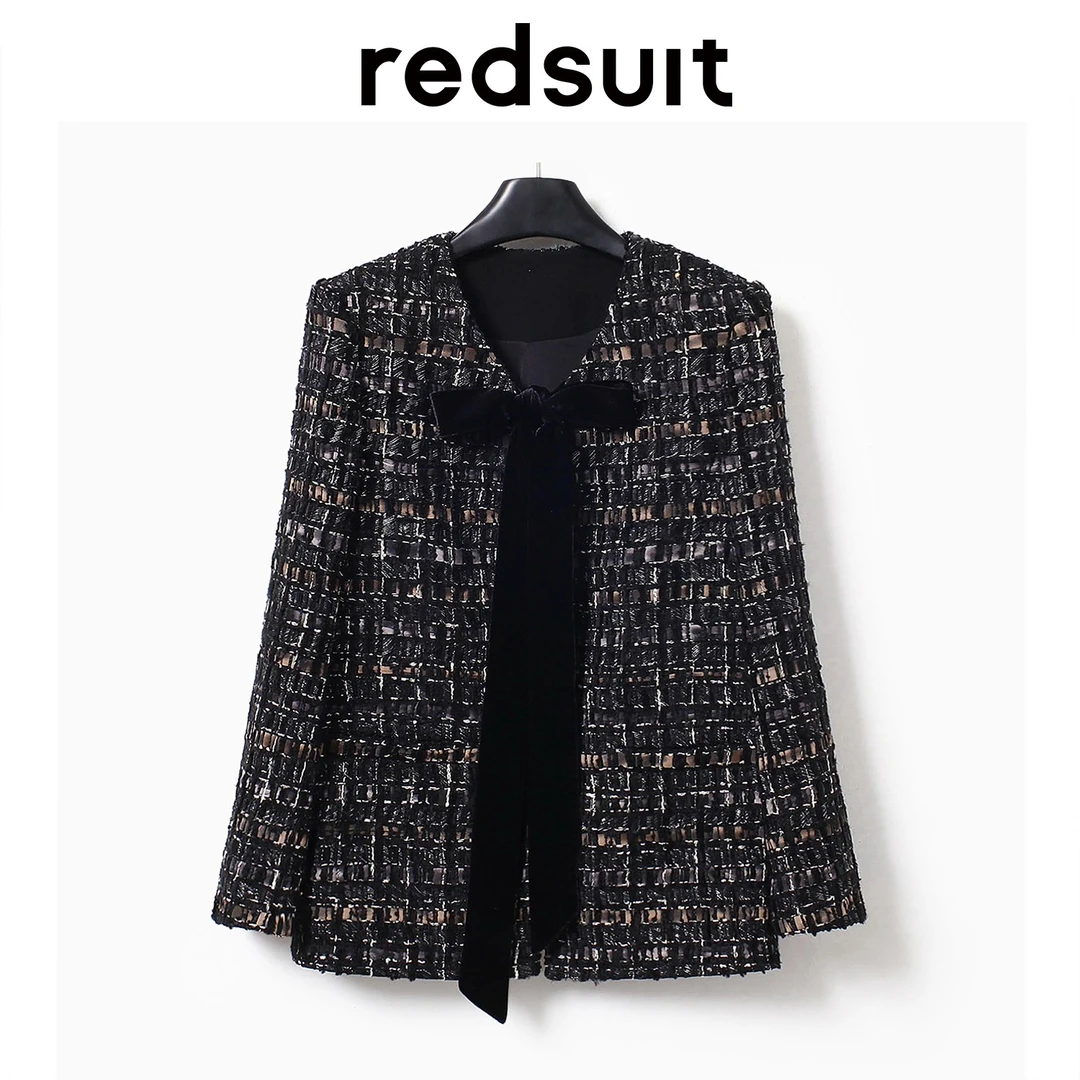 redsuit 复古手工编织纹理丝绒蝴蝶结中长款宽松粗花呢小香风外套