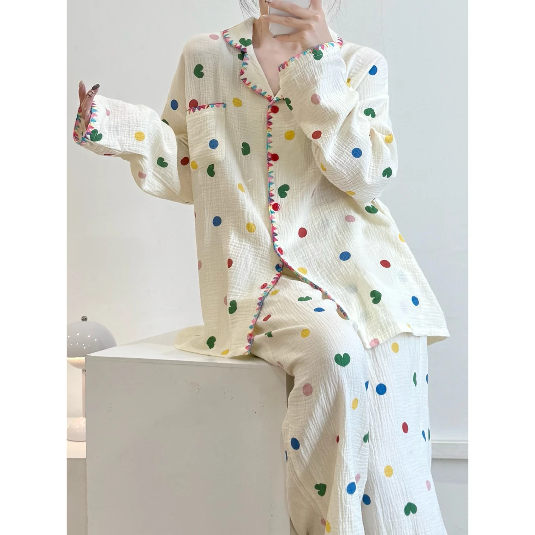 春秋季新款彩虹波点甜美可爱棉纱睡衣女加绒加厚可外穿家居服套装