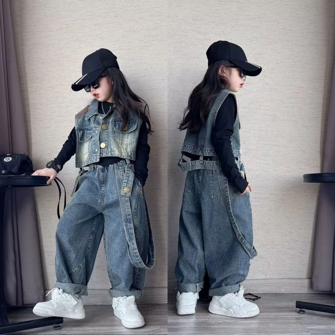 女童潮酷时髦休闲牛仔马甲老爹裤三件套中大童男孩洋气牛仔套装潮