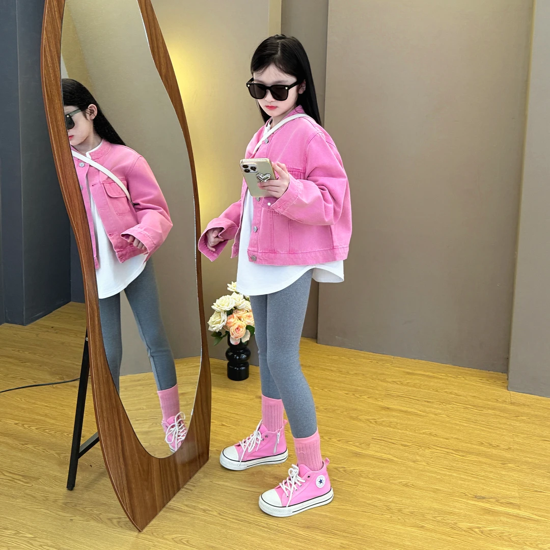 女童2025新款韩系中大童时尚百搭牛仔外套德绒打底裤鲨鱼裤套装潮