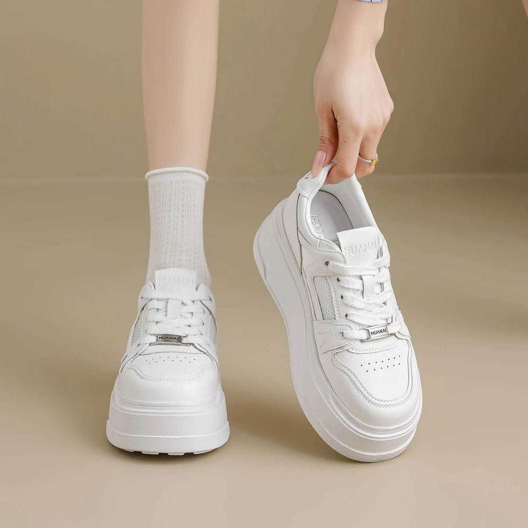 双11华耐小白鞋女厚底增高网面透气舒适休闲鞋时尚百搭小个子板鞋