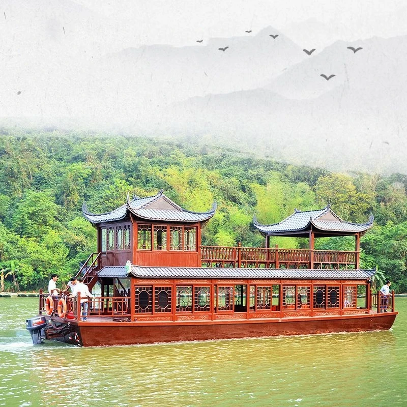 双层 画舫船16米观光旅游船公园仿古木船电动餐饮水上游船全封闭