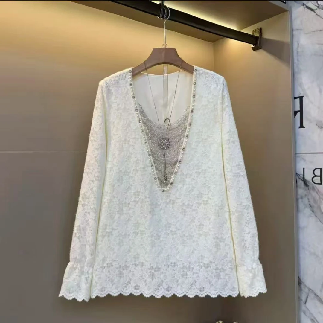 秋冬新款胖MM大码时尚气质V领蕾丝衫设计感遮肉显瘦百搭上衣2620