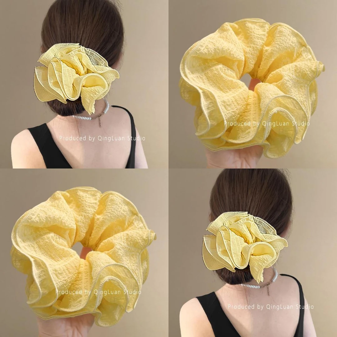 明媚柠檬黄~超仙泡泡纱大肠发圈女2025春夏氛围感丸子头绳旅行绳！