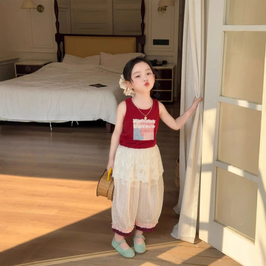正品巴拉巴拉2025夏季新款女童花边拼接背心+卷边休闲裤两件套女