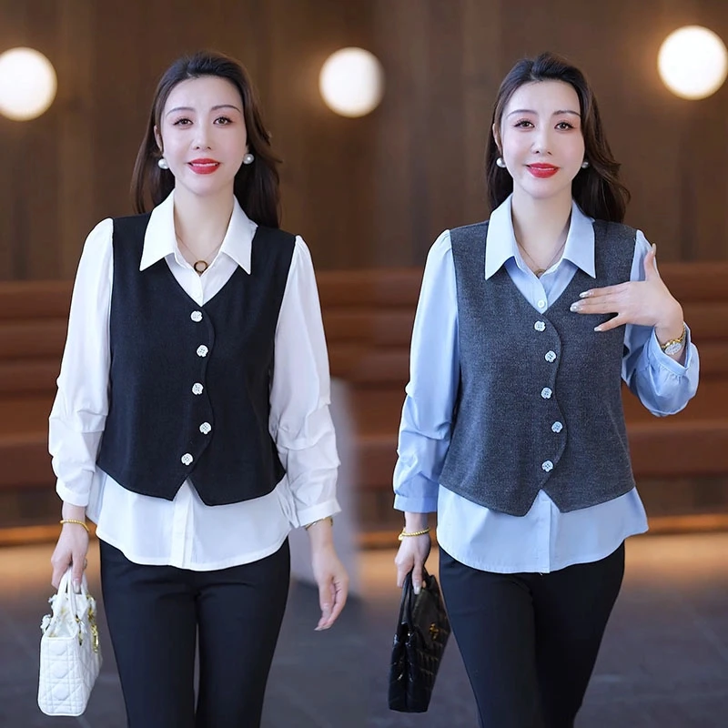 假两件衬衫女2025春季新款衬衣时尚显瘦百搭小衫气质长袖拼色上衣