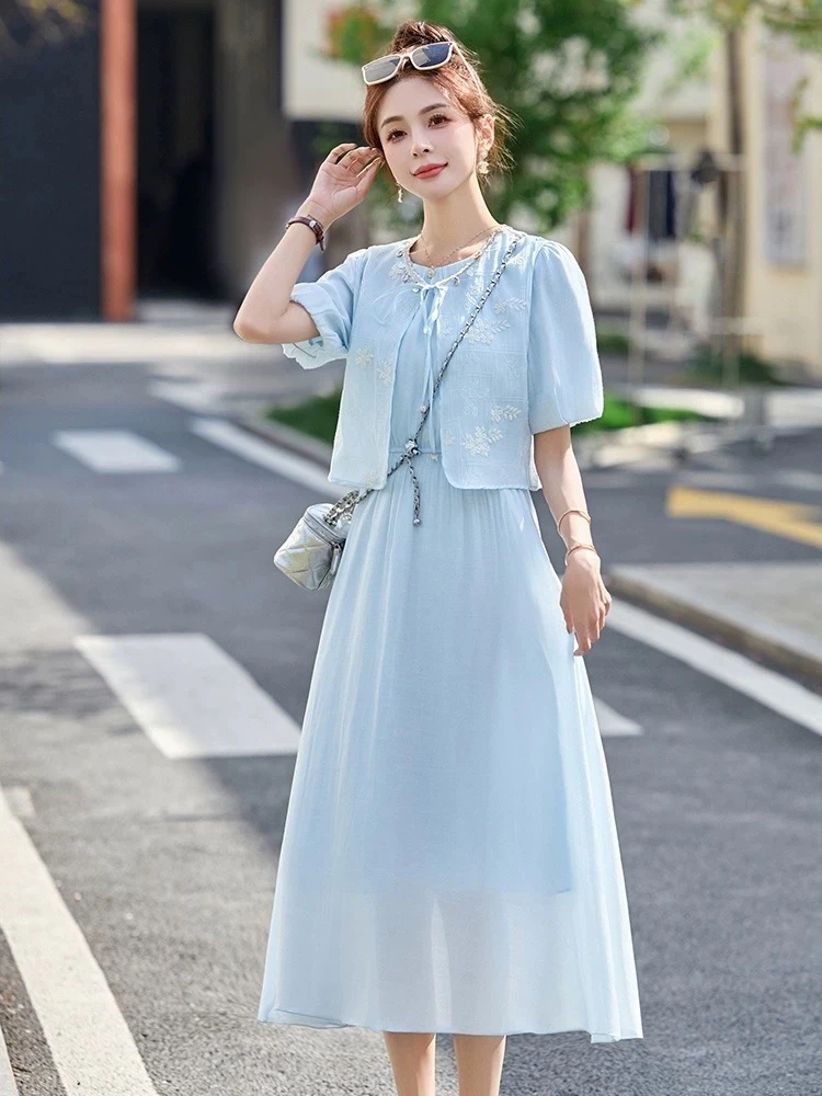 妮妮家2629夏季新款高级感气质披肩刺绣两件套连衣裙