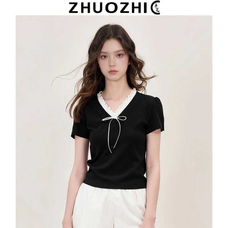 [卓芝]法式镂空花边V领泡泡袖T恤2025夏季新款蝴蝶结绑带百搭上衣
