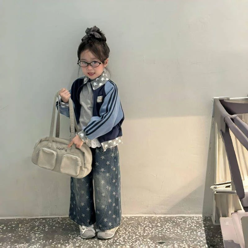 女童加绒套装2025秋冬新款韩版星星撞色外套儿童加绒牛仔裤两件套