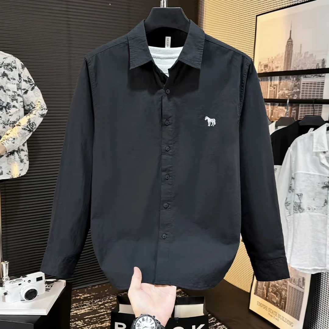 2025新款春秋薄款轻奢白色衬衫男长袖宽松假两件刺绣休闲衬衣男