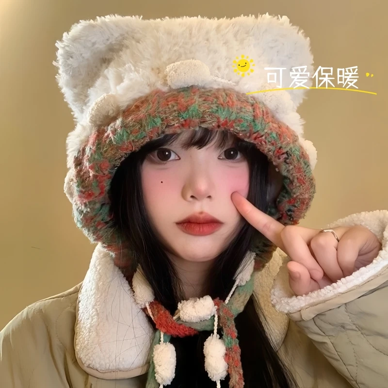 可爱小熊耳朵毛绒帽女秋冬季日系百搭针织帽加厚保暖护耳雷锋帽子