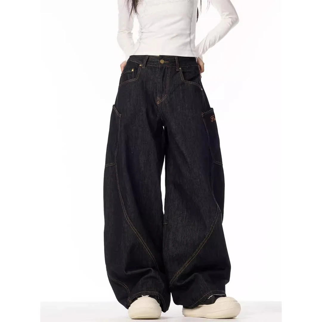 美式复古高街弯刀牛仔裤女夏季新款设计感大口袋宽松直筒阔腿裤子