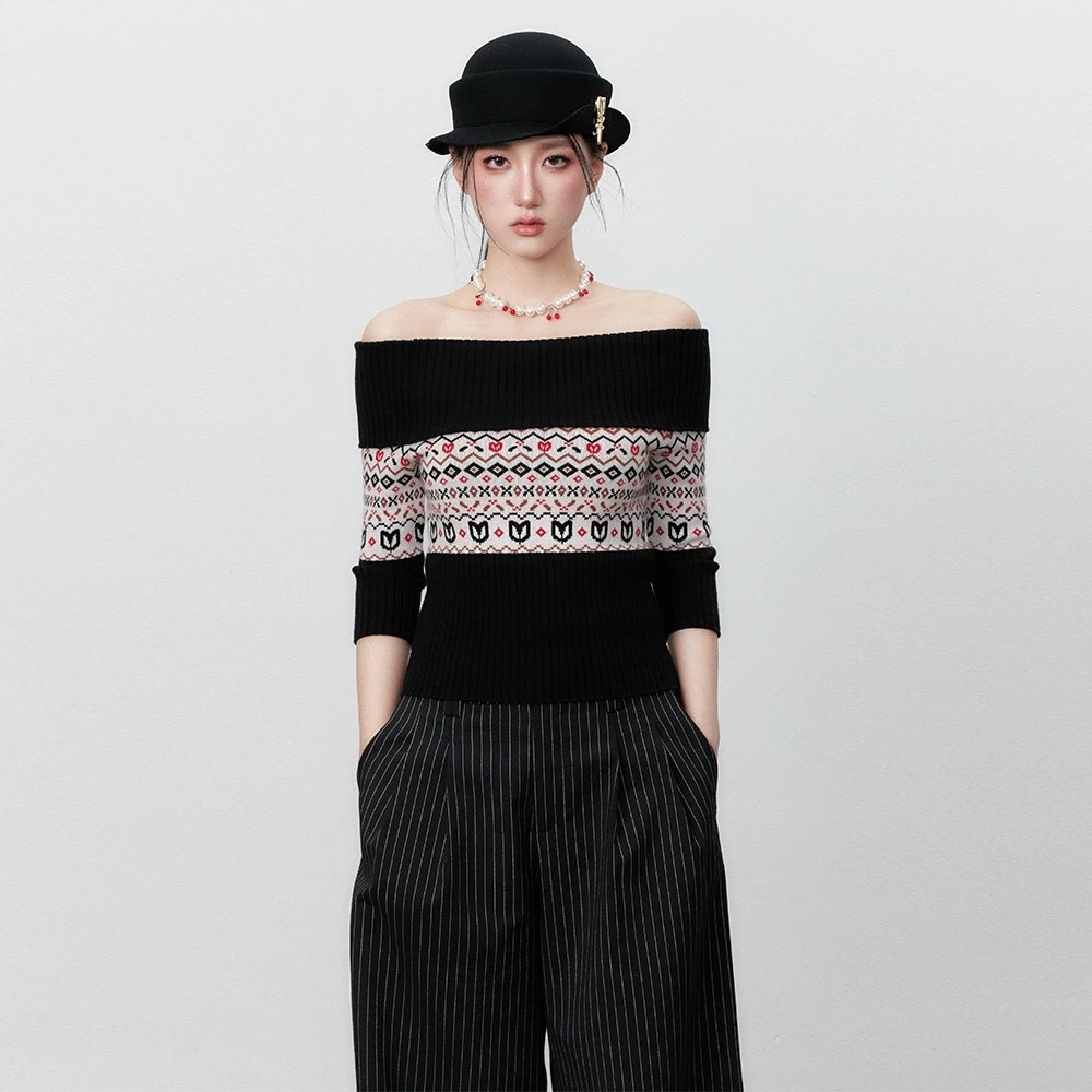 【专属】誉芝yuzhi 提花一字肩针织衫修身显瘦柔软亲肤气质露肩毛衣