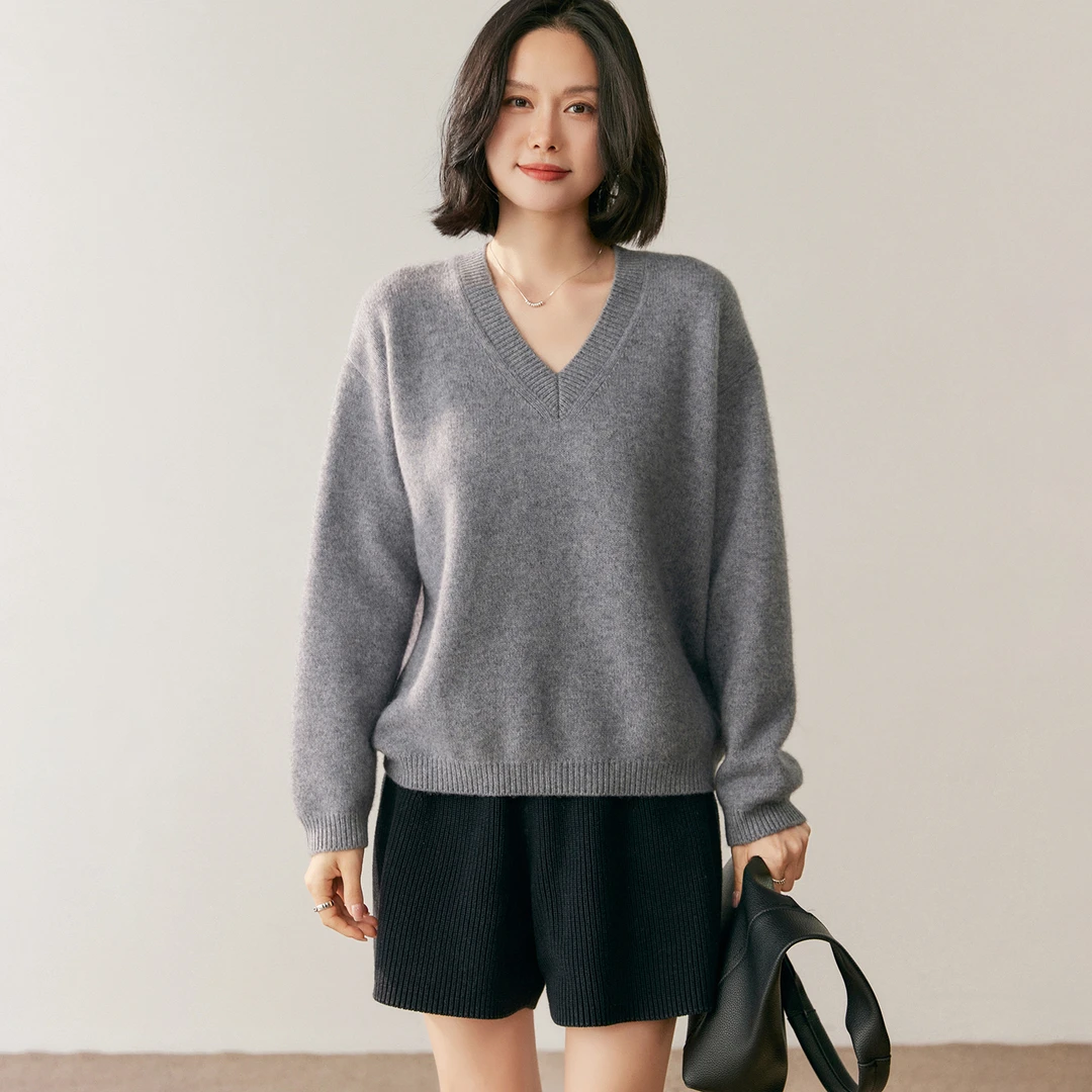 秋冬新款女装V领百搭落肩袖羊绒衫韩版慵懒风针织毛衣休闲上衣