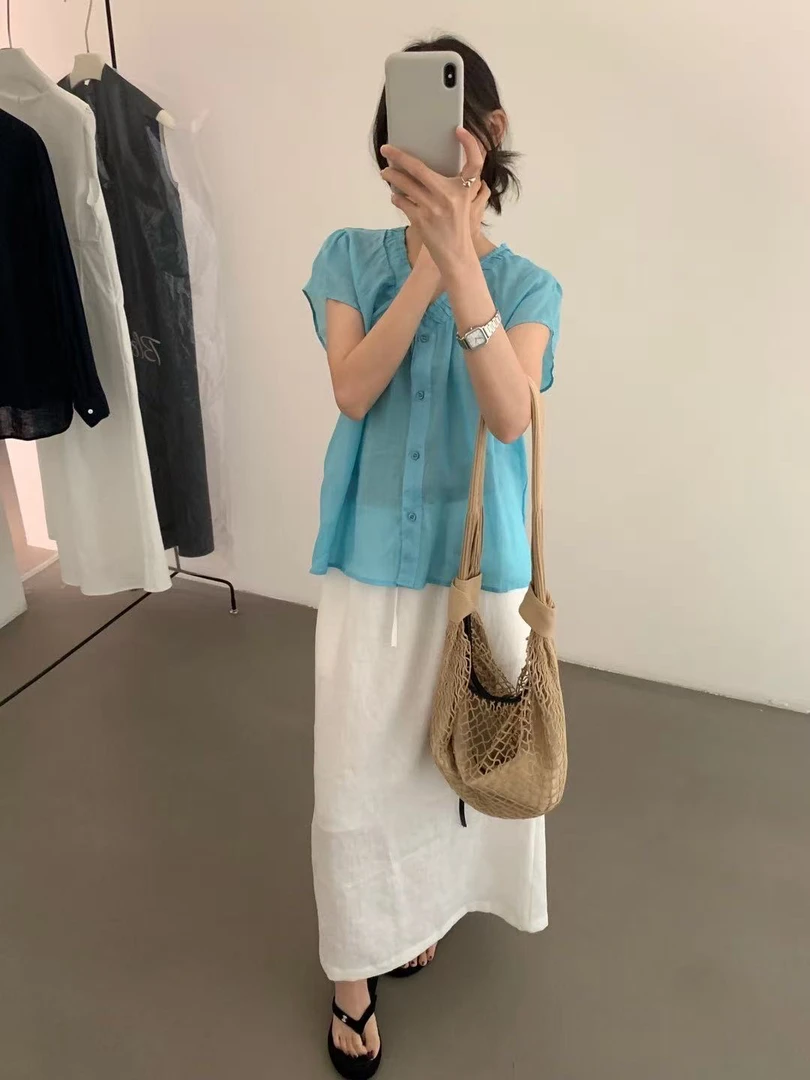 lovely@s9670 韩系休闲宽松木耳边V领短袖衬衫（80苎麻）