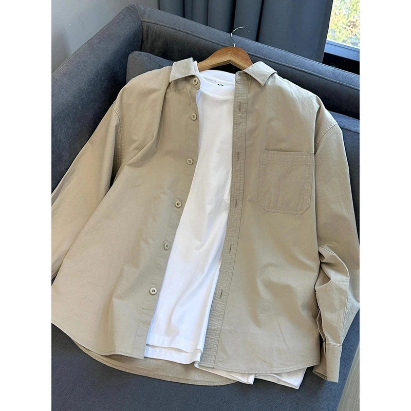 日系浅卡其色工装衬衫男款秋季新款长袖衬衣休闲cityboy情侣外套