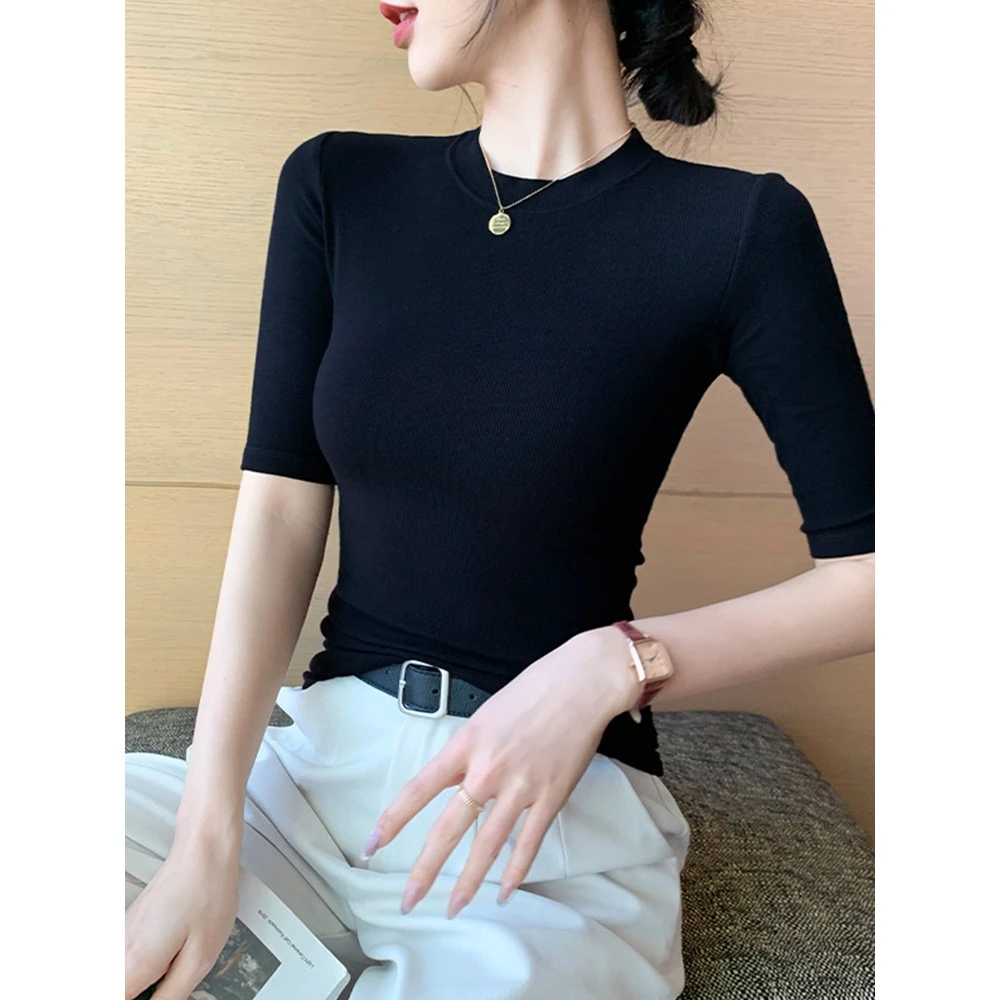 黑色中袖打底衫女2025新款修身t恤内搭高级感五分袖小半高领上衣