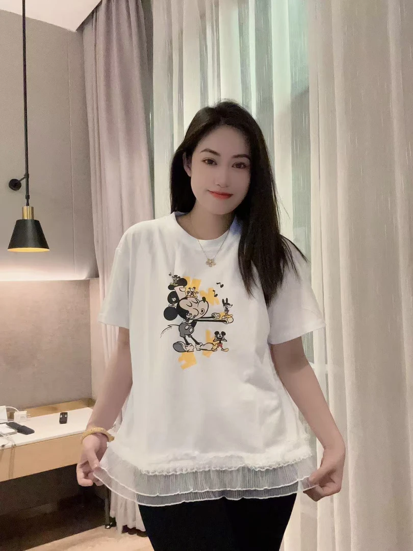 8003新款夏季潮流圆领米奇卡通拼接蕾丝短袖