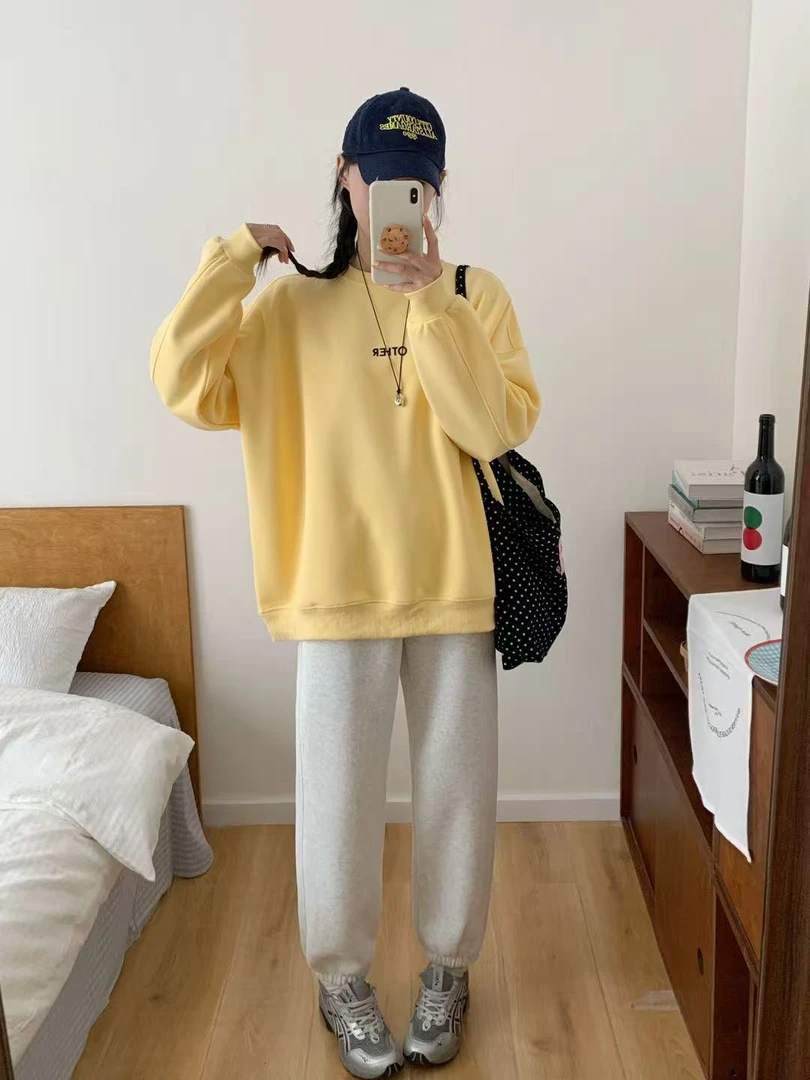 【纯色】字母秋季保暖休闲风圆领厚款卫衣女装连帽春季宽松