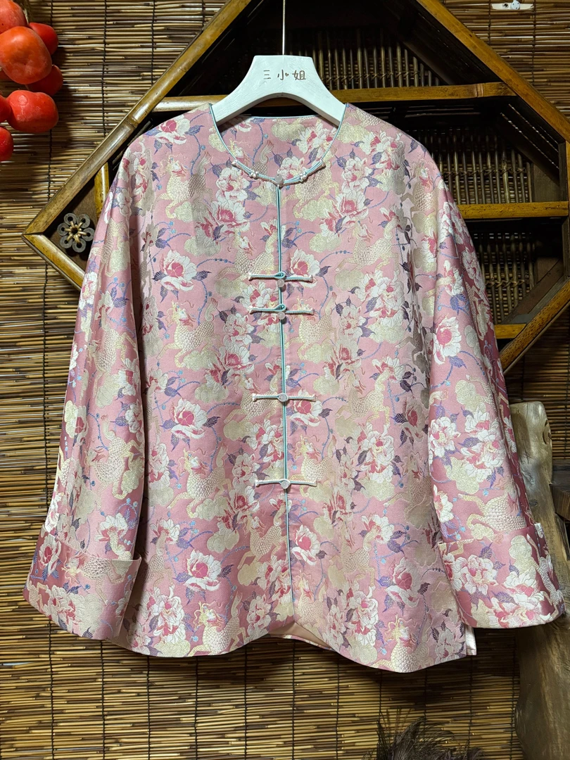 钧舒香云纱宋锦麒麟牡丹长袖薄款外衣圆领宽松百搭原创