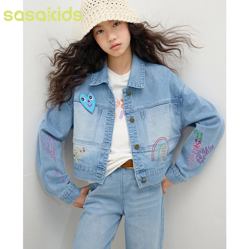 sasakids原创彩色走针绣花斜纹牛仔外套 休闲松弛宽松质感时尚C2