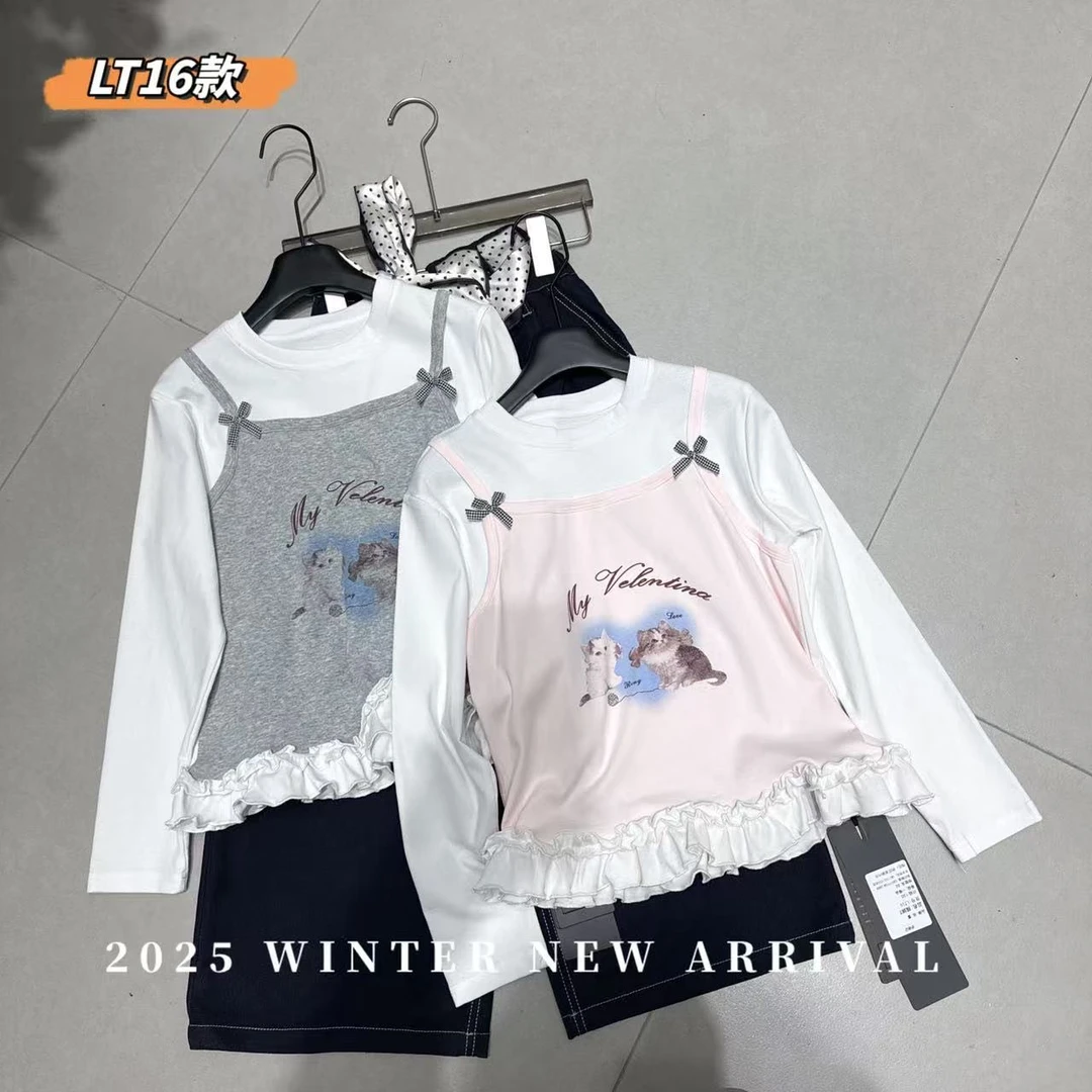 【新疆包邮】秋季新款中大童小猫咪假两件花边打底衫F717