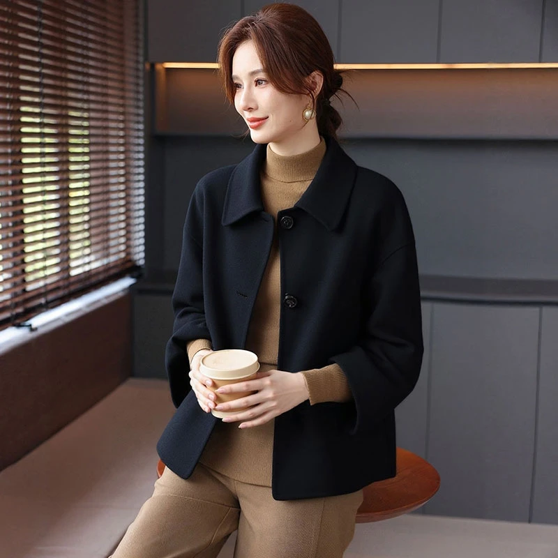 雅鹿优选高端双面仿羊毛呢子大衣短款秋季新品高级感翻领毛呢外套