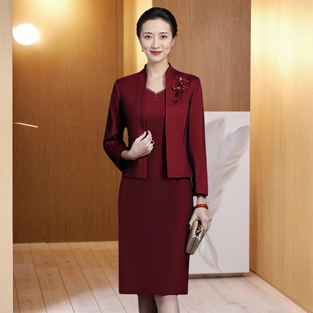 【套装】新款时尚端庄大码妈妈装酒红两件套装D118大气优雅6XL秋冬