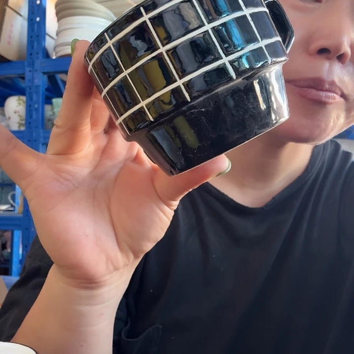 外贸尾单高温陶瓷微瑕格子杯