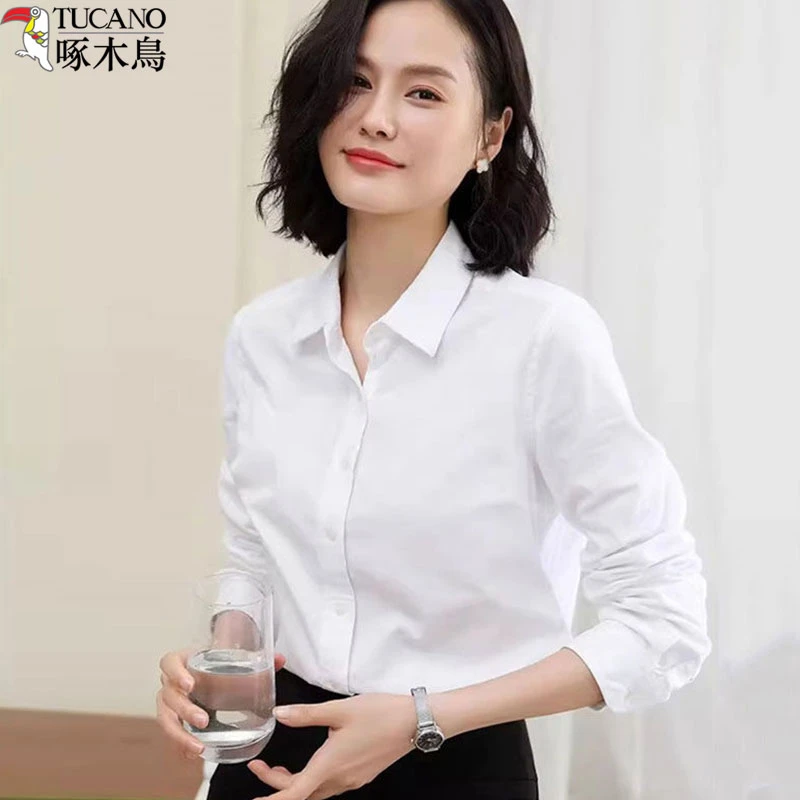 啄木鸟免烫职业白色长袖衬衫新款春秋长袖显瘦正装上班白衬衫女款