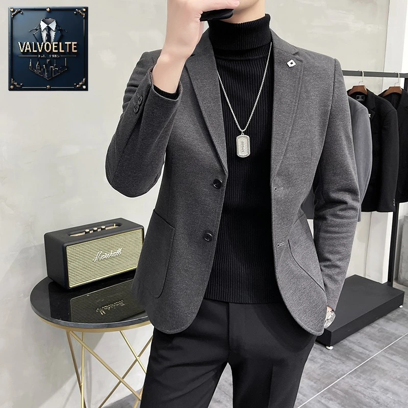 秋冬季加厚华夫格西装外套痞帅气质男装休闲韩版修身西服上衣