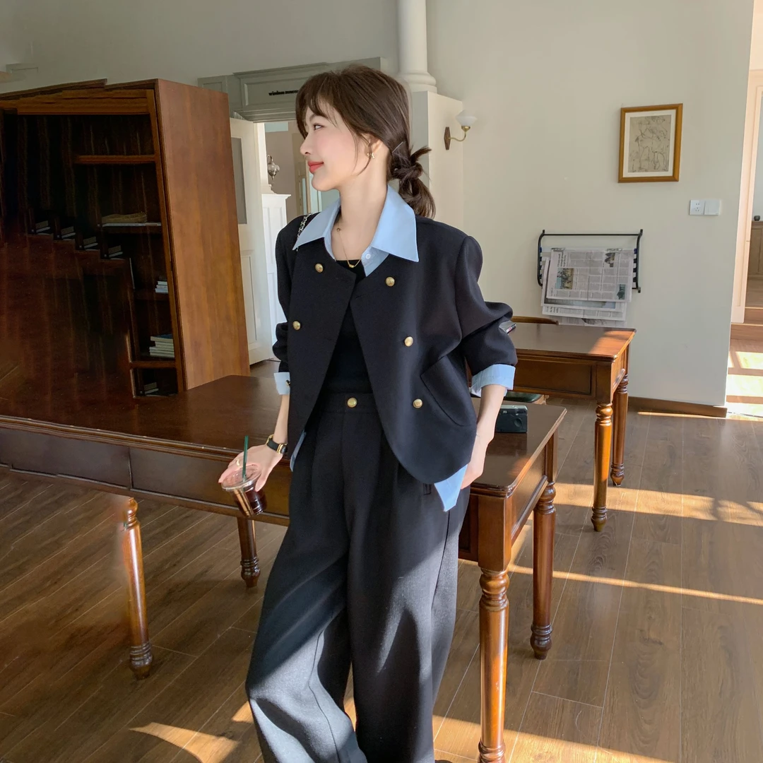 黑色气质假两件西服套装女2025春新款松弛感百搭显瘦阔腿裤两件套