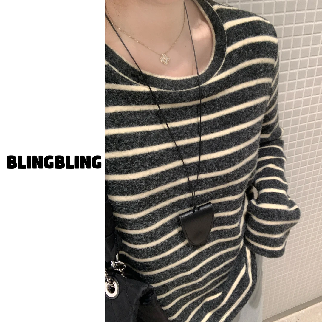 唐不灵微胖《海盐奥利奥》大码显瘦打底长袖T恤条纹通勤日常