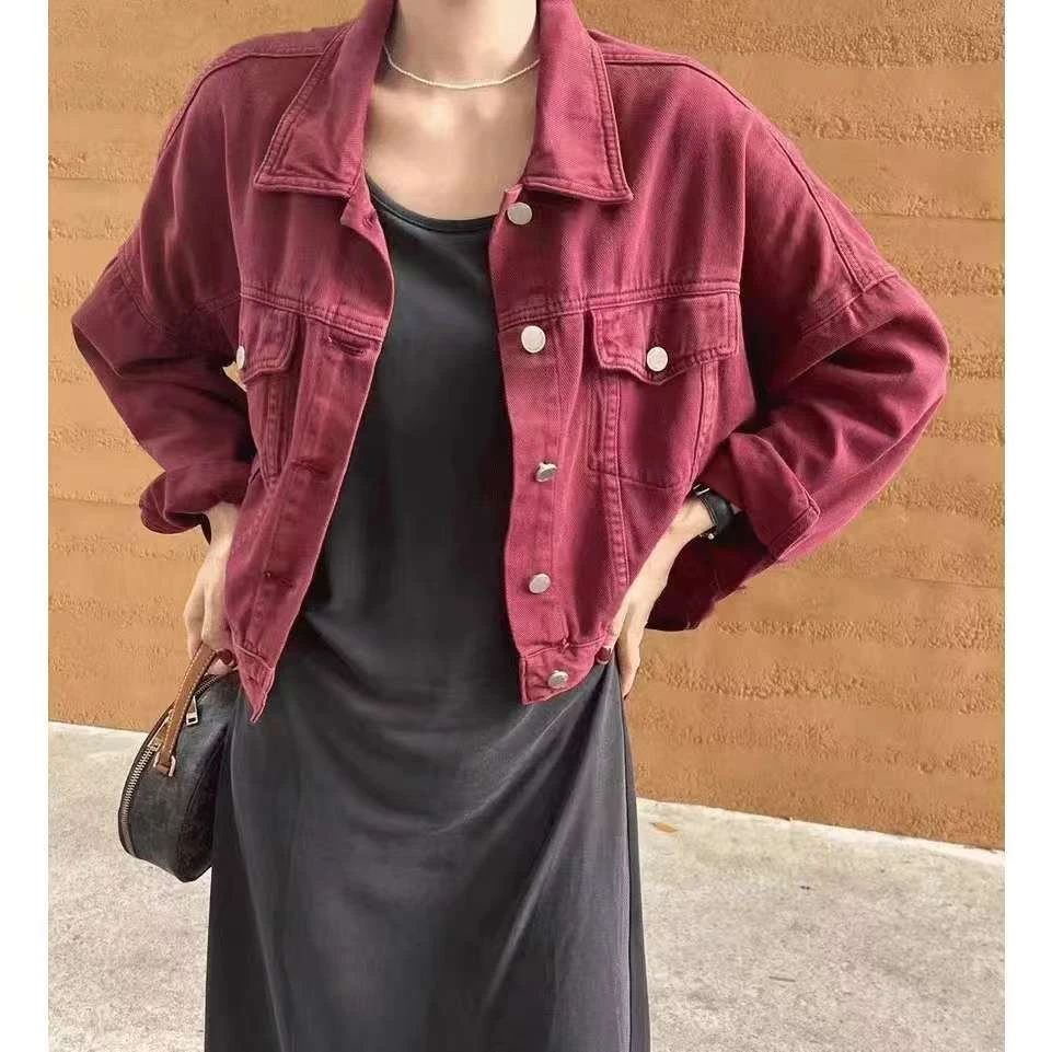 今年流行高级感红色牛仔外套女2025春秋新款韩系复古工装夹克上衣