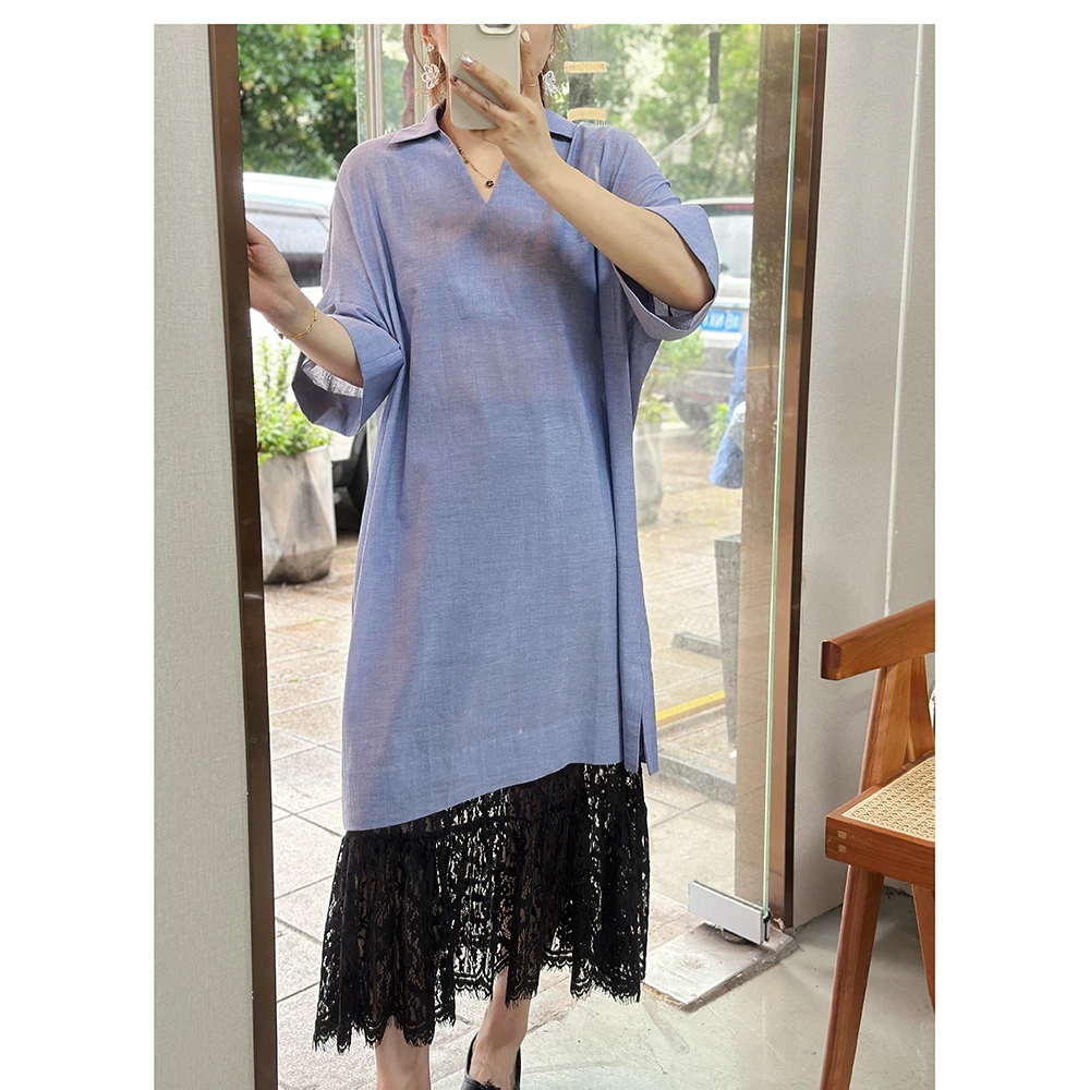 ZR011夏季新款宽松中长款翻领短袖连衣裙女