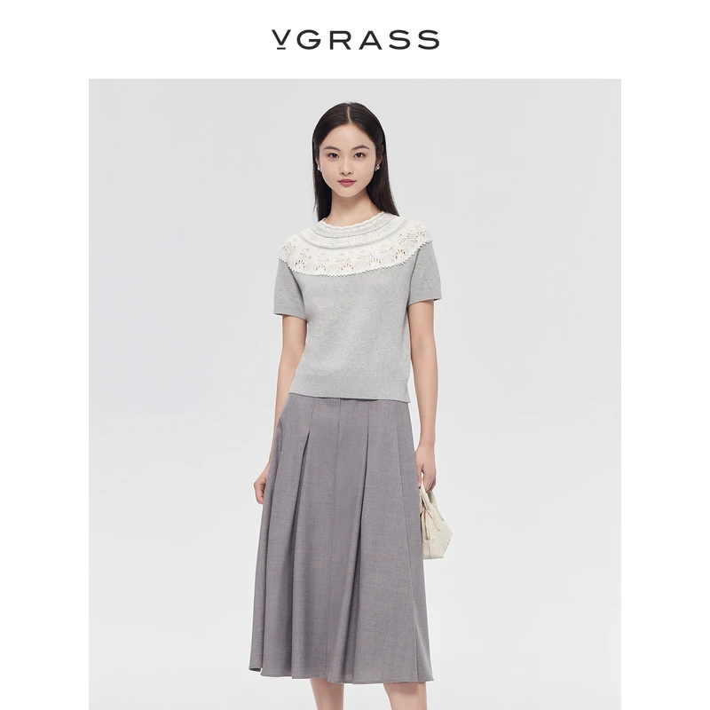 VGRASS时尚复古篙级感纯棉针织衫女夏新款蕾丝云肩上衣VZZ4P2065B