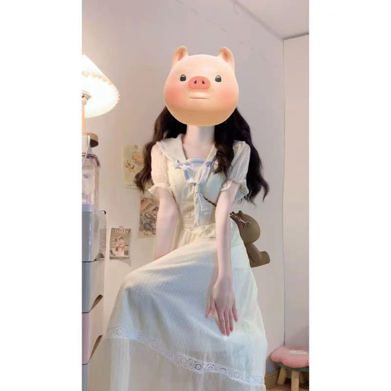 大码【柠香悠颂】奶黄减龄海军领甜美学院风条纹收腰系带气质连衣裙