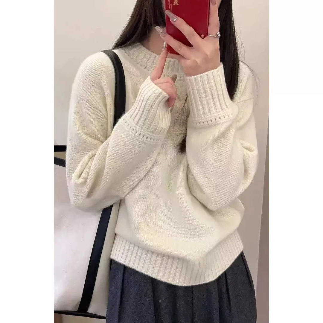 【100%山羊绒】LP同款~五针三股加厚女圆领挑空宽松毛衣羊绒衫