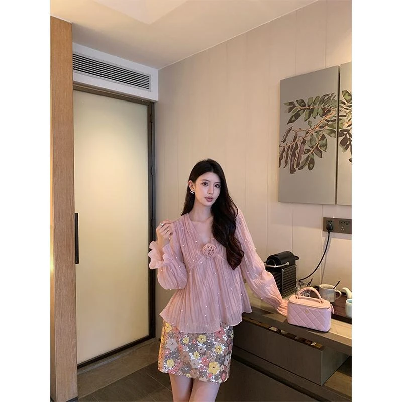 粉色V领衬衫洋气女高级感时尚气质长袖上衣春季新款