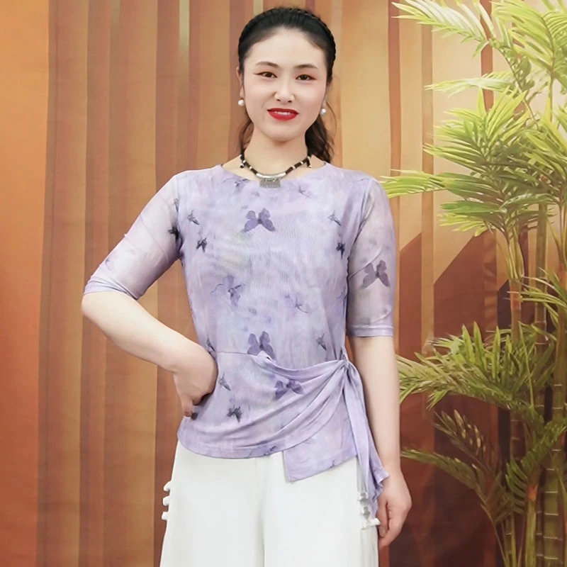 新款蝴蝶印花上衣女夏季韩版时尚收腰圆领中袖T恤不规则下摆小衫