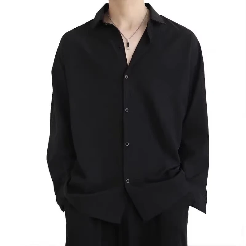 垂感免烫长袖衬衫男黑色痞帅春夏季冰丝宽松休闲高级感衬衣外套秋