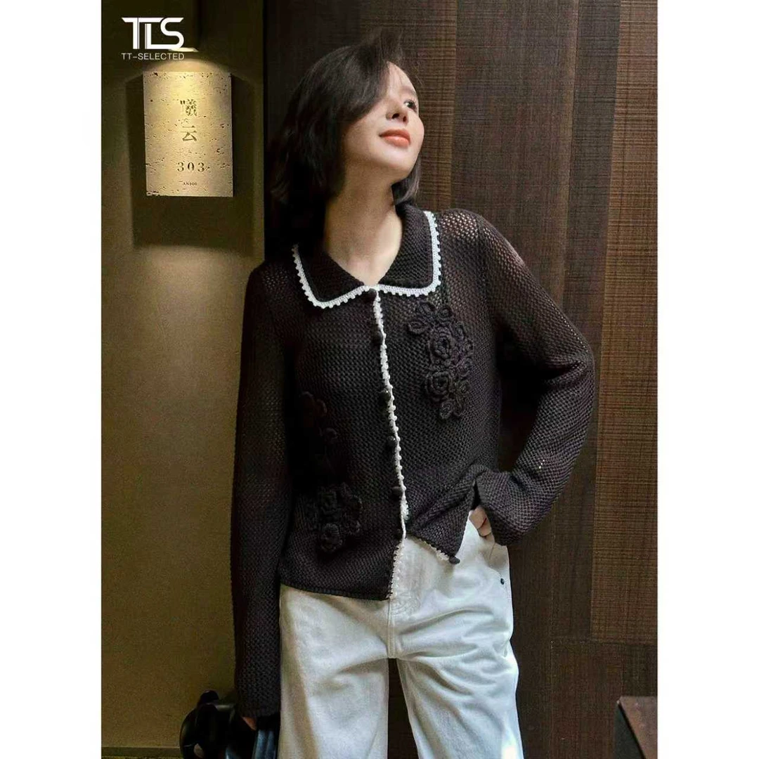 TT【织梦花园】巴豪兰毛条抗起球时纶立体钩花针织开衫毛衣MY5060