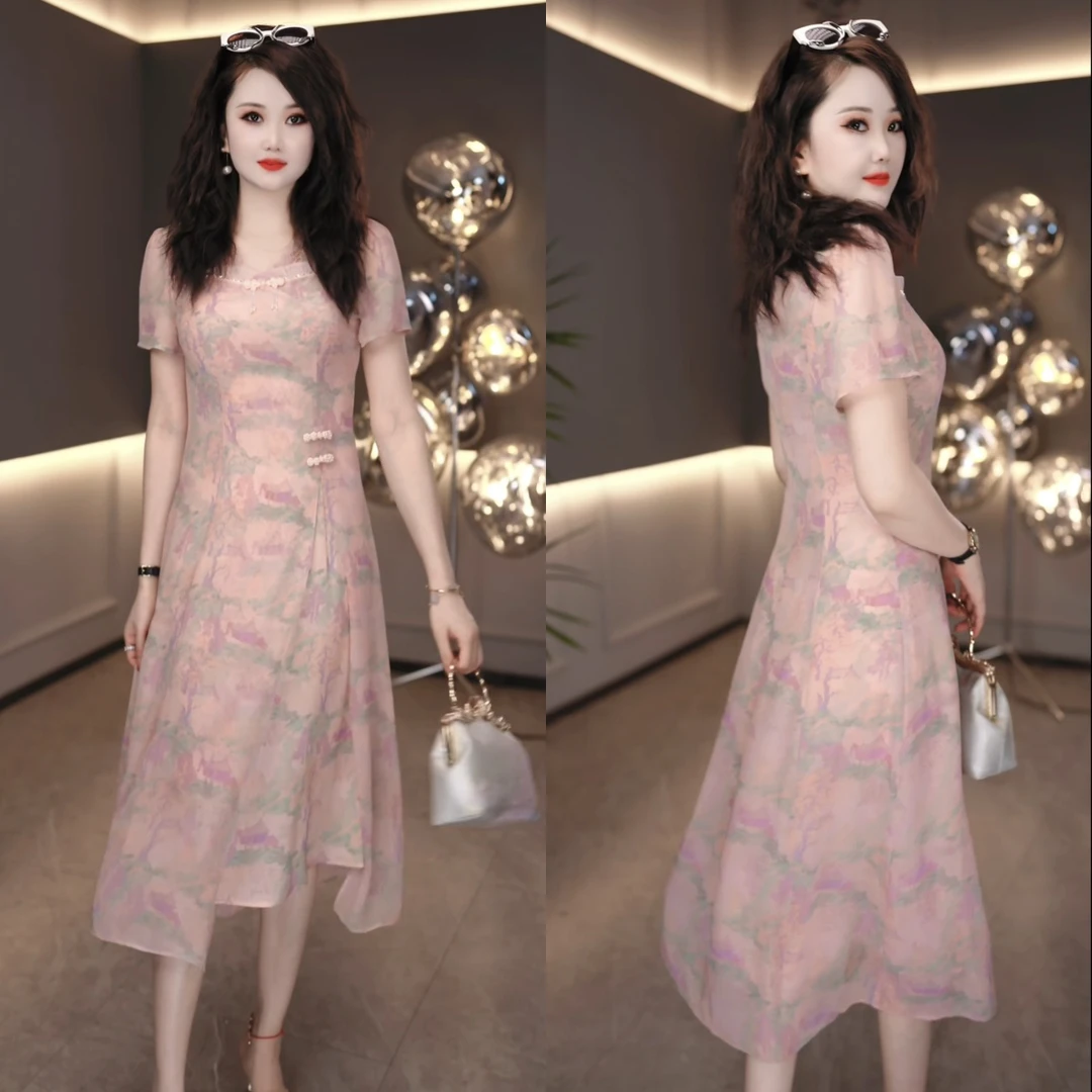 2025夏季优雅修身提花中国风时尚显瘦国风中长款连衣裙M-4XL