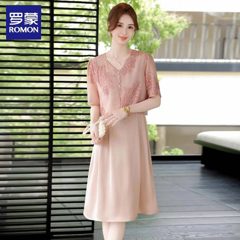 罗蒙妈妈夏装2025新款时尚假两件连衣裙中老年女40岁显瘦短袖裙子