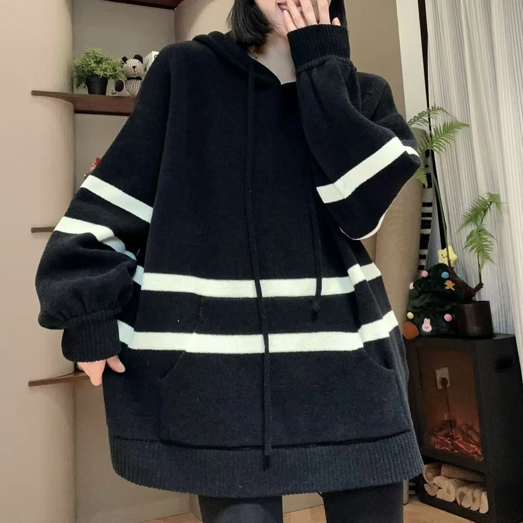 冬季双杠设计连帽蓝粒绒毛衣针织衫4-12-13