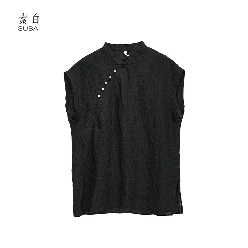 素白【墨影侠】新中式国风亚麻肌理褶皱无袖上衣SB2504CS01456
