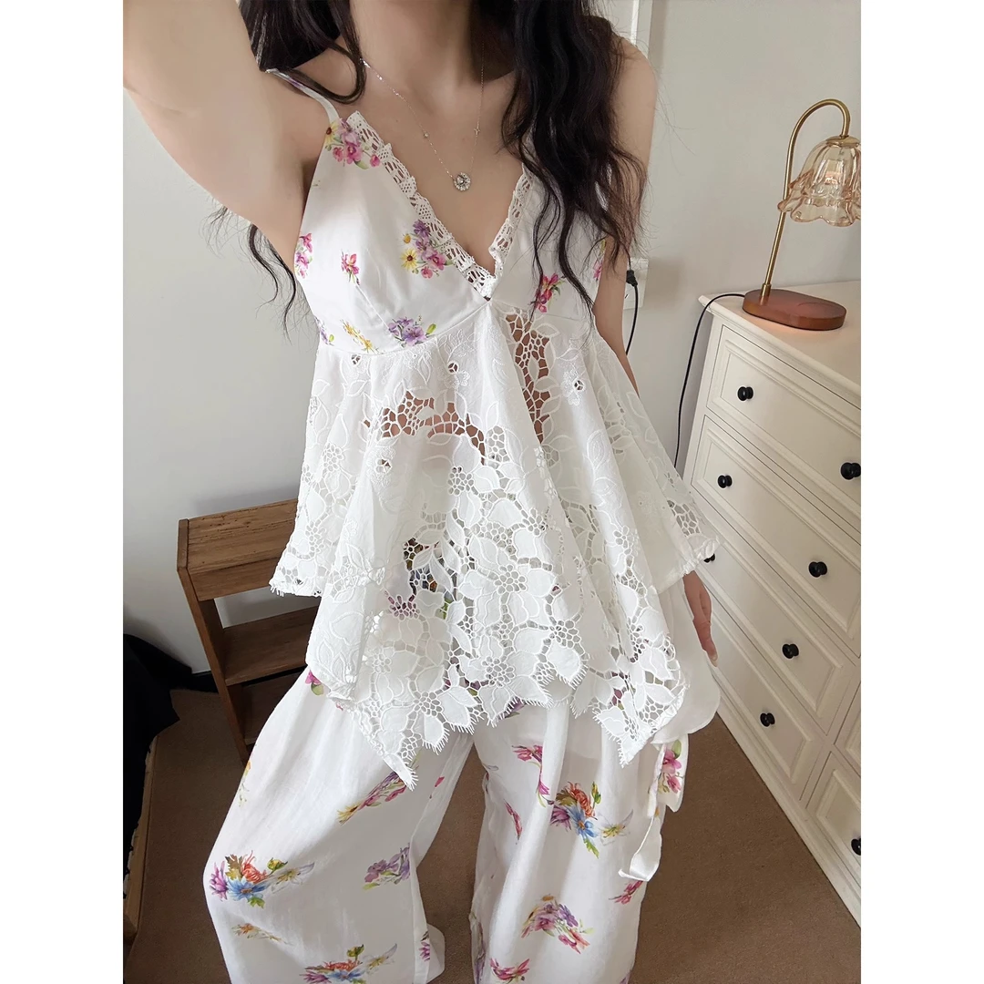 复古风洋气花卉印花吊带睡衣女夏季性感镂空大码家居服少女感套装