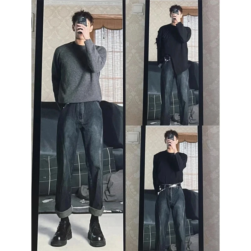 美式复古卷边牛仔裤男款系皮带配马丁靴的裤子痞帅修身直筒加长裤