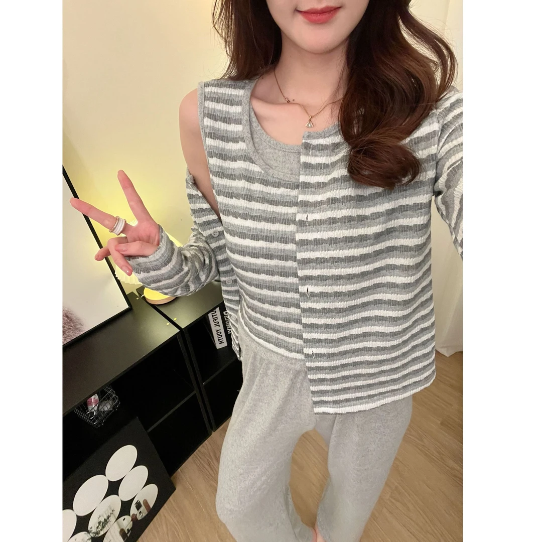 秋款条纹长袖韩版女秋冬百搭家居服套装