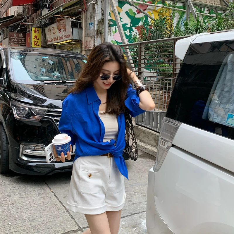 【ALONE SAVOR】海浪三十度 翻领亚麻单排多扣衬衫Z119